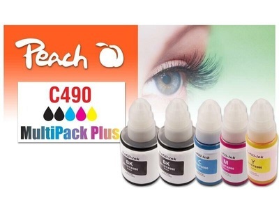 Peach, Peach Spar Pack Plus Tintenpatronen, kompatibel zu GI-490, Peach C490 5 Druckerpatronen (2*bk, c/m/y) ersetzt Canon GI-490 für z.B. Canon Pixma G 1400, Canon Pixma G 2400, Canon Pixma G 3400
