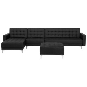 Beliani, Beliani Modulsofa Kunstleder Schlaffunktion schwarz rechtsseitig Ottomane ABERDEEN, Beliani - Ecksofa mit Ottomane aus Kunstleder Modern ABERDEEN, One Size, Schwarz