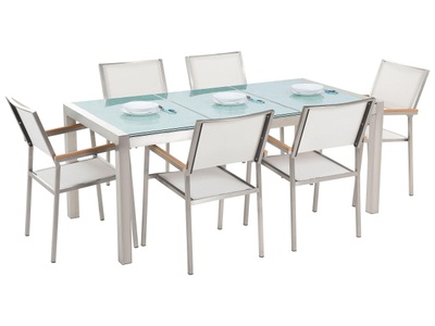 Beliani, Beliani Gartenmöbel Set Crashglas 180 x 90 cm 6-Sitzer Stühle Textilbespannung weiss GROSSETO, 