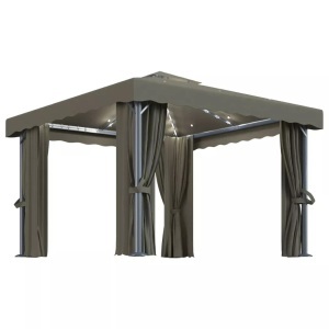 vidaXL, vidaXL Pavillon mit Vorhängen & LED-Lichterkette 3x3 m Taupe, vidaXL Pavillon mit Vorhängen & LED-Lichterkette 3x3 m Taupe