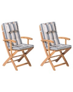 Beliani, Beliani Gartenstuhl Akazienholz hellbraun 2er Set Auflagen dunkelblau / beige MAUI, 