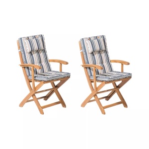 Beliani, Beliani Gartenstuhl Akazienholz hellbraun 2er Set Auflagen dunkelblau / beige MAUI, 