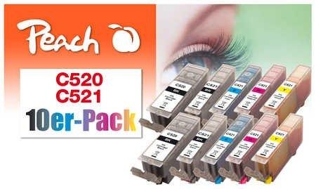 Peach, Peach 10er-Pack Tintenpatronen, XL-Ergiebigkeit, kompatibel zu Canon PGI-520, CLI-521, Peach Tintenset Canon GPI-520/CLI-521