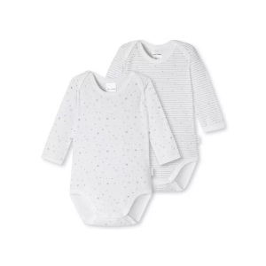 Schiesser, Baby-Bodys 2er-Pack langarm unisex Feinripp Organic Cotton bedruckt weiß/grau - Original Classics 92, Baby-Bodys 2er-Pack langarm unisex Feinripp Organic Cotton bedruckt weiß/grau - Original Classics 92