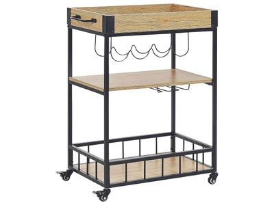 Beliani, Beliani Servierwagen Metall heller Holzfarbton / schwarz mit Weinregal 3 Etagen HULLET