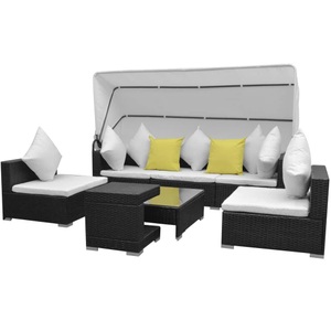 Diverse Hardware, 7-tlg. Garten-Lounge-Set mit Sonnendach Poly Rattan Schwarz