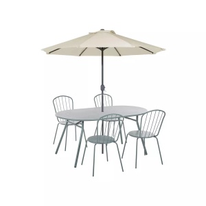 Beliani, Gartentisch Set mit Schirm aus Stahl Modern CALVI Gartentisch Set mit Schirm aus Stahl Modern CALVI, Beliani - Gartentisch Set mit Schirm aus Stahl Modern CALVI, One Size, Hellblau