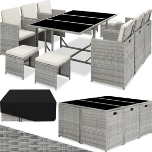 TecTake, Rattan Sitzgruppe Malaga 6+4+1 mit Schutzhülle Rattan Sitzgruppe Malaga 6+4+1 mit Schutzhülle, Tectake - Rattan Sitzgruppe Malaga 6+4+1 mit Schutzhülle, One Size, Perlgrau