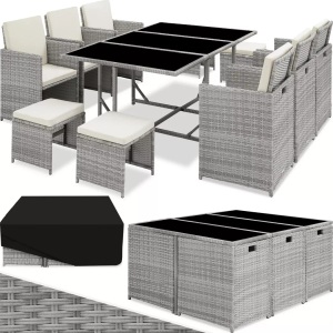 TecTake, Rattan Sitzgruppe Malaga 6+4+1 mit Schutzhülle Rattan Sitzgruppe Malaga 6+4+1 mit Schutzhülle, Tectake - Rattan Sitzgruppe Malaga 6+4+1 mit Schutzhülle, One Size, Perlgrau