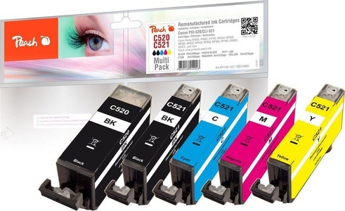 Peach, Peach Spar Pack Tintenpatronen kompatibel zu Canon PGI-520, CLI-521, Peach C520 5 Druckerpatronen XL (bk, bkph, c/m/y) ersetzt Canon PGI-520, CLI-521, 2934B007 für z.B. Canon Pixma MP 620, Canon Pixma MP 560