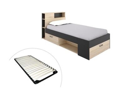 Vente-unique, Bett mit Kopfteil, Stauraum & Schublade - 90 x 190 cm + Lattenrost - Anthrazit und Holzfarben - LEANDRE Bett mit Kopfteil, Stauraum & Schublade - 90 x 190 cm + Lattenrost - Anthrazit und Holzfarben - LEANDRE