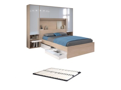 Vente-unique, Bett mit Stauraum 140 x 190 cm mit LED-Beleuchtung + Lattenrost - Holzfarben & glänzend  - VELONA Bett mit Stauraum 140 x 190 cm mit LED-Beleuchtung + Lattenrost - Holzfarben & glänzend  - VELONA