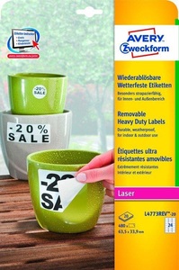 Avery Zweckform, Avery-Zweckform L4773REV-20 L4773REV-20 ( 63.5 x 33.9 mm ),Weiß, 480 St., Wiederablösbar, Avery Zweckform Folienetiketten, 63,5mm x 33,9mm, weiss, non-permanent, L4773REV