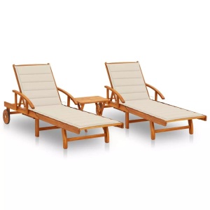 vidaXL, vidaXL Sonnenliegen 2 Stk. mit Tisch und Auflagen Massivholz Akazie