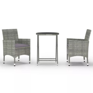 vidaXL, vidaXL 3-tlg. Bistro-Set Poly Rattan und Hartglas Grau, vidaXL 3-tlg. Bistro-Set Poly Rattan und Hartglas Grau