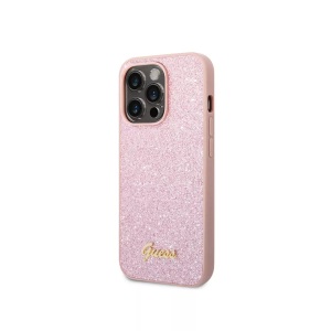 Guess, Guess - iPhone 14 Pro Hardcase Hülle Glitter Script (GUHCP14LHGGSHP) - Rosa / Transparent, Apple - Hülle iPhone 14 Pro TPU Glitter Script, Rosa