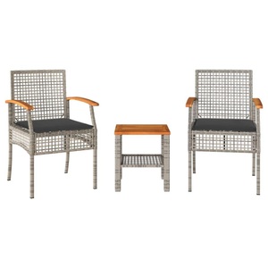vidaXL, vidaXL 3-tlg. Bistro-Set mit Kissen Grau Poly Rattan Akazienholz, vidaXL 3-tlg. Bistro-Set mit Kissen Grau Poly Rattan Akazienholz