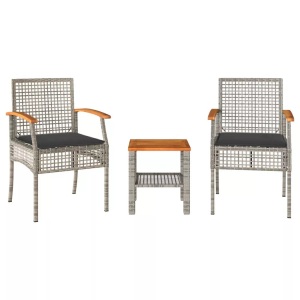 vidaXL, vidaXL 3-tlg. Bistro-Set mit Kissen Grau Poly Rattan Akazienholz, vidaXL 3-tlg. Bistro-Set mit Kissen Grau Poly Rattan Akazienholz