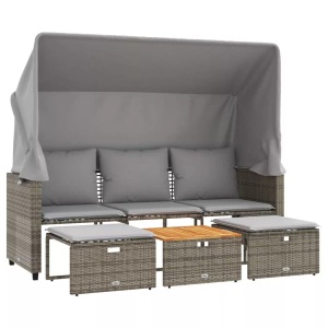 vidaXL, vidaXL Outdoor-Sofa 3-Sitzer mit Dach und Hockern Grau Poly Rattan, VidaXL - Gartensofa poly-rattan, One Size, Grau