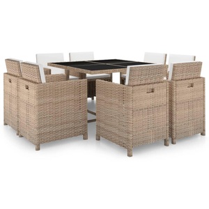 Diverse Hardware, 9-tlg. Garten-Essgruppe mit Auflagen Poly Rattan Beige, vidaXL 9-tlg. Garten-Essgruppe mit Auflagen Poly Rattan Beige