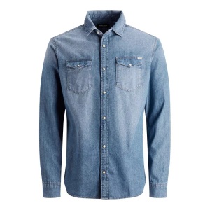 JACK & JONES, Jack & Jones Jeanshemd »SHERIDAN SHIRT«, Jack & Jones Jeanshemd »JJESHERIDAN im Workwear-Stil mit robuster Baumwollqualität« unifarben, modisch, slim fit, Baumwolle, Hemdkragen