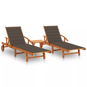vidaXL, vidaXL Sonnenliegen 2 Stk. mit Tisch und Auflagen Massivholz Akazie