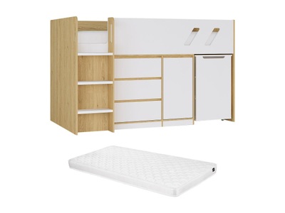 Vente-unique, Kombi-bett 90 X 190 Cm - Mit Schreibtisch & Stauraum - Holzfarben & Weiß + Matratze - Sagiti Unisex Beige 90X190CM