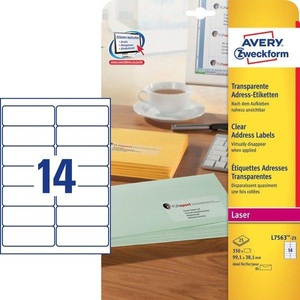 Avery Zweckform, AVERY ZWECKFORM Adressetiketten 99,1x38,1mm L7563-25 transparent 350 S, AVERY ZWECKFORM Adressetiketten 99,1x38,1mm L7563-25 transparent 350 Stück