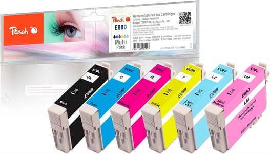 Peach, Peach Patrone Epson R360 MultiPackPlus Retail Comp., Peach E807 6 Druckerpatronen (bk, cy, cyph, ma, maph, ye) ersetzt Epson T0807, C13T08074011 für z.B. Epson Stylus Photo PX 710 W