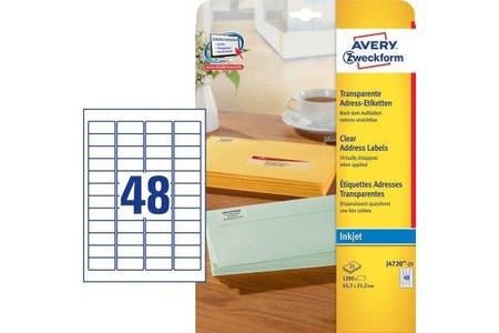 undefined, AVERY ZW. Etiketten 45,7x21,2mm J4720 - 25 transparent 1200 Stück, AVERY Zweckform Etikett J4720-25 Selbsthaftend A4 Transparent 45,7 x 21,2 mm 25 Blatt à 48 Etiketten