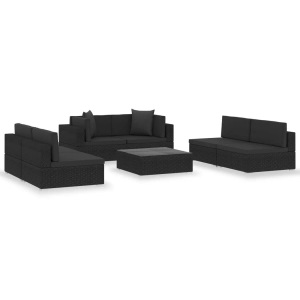 Diverse Hardware, 7-tlg. Garten-Lounge-Set Schwarz mit Auflagen Poly Rattan