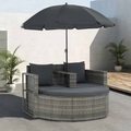 Diverse Hardware, 2-Sitzer-Gartensofa mit Auflagen und Sonnenschirm Grau Poly Rattan