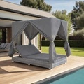 vidaXL, vidaXL Outdoor-Lounge-Bett mit Vorhängen Poly Rattan Grau