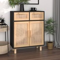vidaXL, vidaXL Sideboard Schwarz 60x30x75cm Massivholz Kiefer und Natur-Rattan