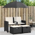 vidaXL, vidaXL Gartensofa 2-Sitzer Sonnenschirm und Hocker Schwarz Poly-Rattan