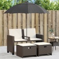 vidaXL, vidaXL Gartensofa 2-Sitzer Sonnenschirm und Hocker Braun Poly Rattan
