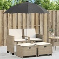 vidaXL, vidaXL Gartensofa 2-Sitzer Sonnenschirm und Hocker Beige Poly-Rattan