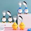 undefined, Baby Feeding Tableware Baby Meal Training Fork Spoon Complementary Food Tableware Cartoon Penguin Stainless Steel Fork Spoon