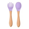 undefined, 2Pcs Baby Silicone Spoon Fork Wooden Handle Cutlery Set Baby Food Feeding Spoon Candy Color Soft Silicone Cutlery
