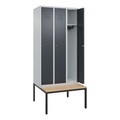 CP, C+P Spind Classic PLUS Sitzbank, 3 Abteile, lichtgrau / grau, B 900 mm, Zylinderschloss, untergebaut, Buche-Hartholz