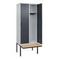 CP, C+P Spind Classic PLUS Sitzbank, 2 Abteile, lichtgrau / grau, B 800 mm, Sicherheits-Drehriegel, auskragend, Buche-Hartholz