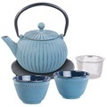 Rosenstein & Söhne, Rosenstein & Söhne Asiatische Teekanne, Untersetzer und 2 Becher aus Gusseisen, blau