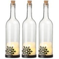 Lunartec, Lunartec 3er-Set Deko-Glasflasche, LED-Kerze & bewegliche Flamme, Schneeflocke