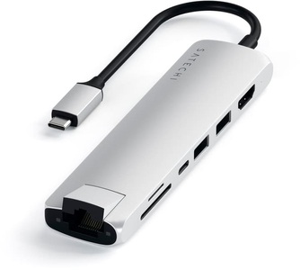 Apple, Satechi - USB C Multiport Adapter Slim Hub mit USB C (PD/60W) / 4K HDMI / 2x USB 3.0 / Gigabit Ethernet / SD & Micro SD Kartenlesegerät (ST-UCSMA3S) - Silber, Satechi Slim Multi-Port - Usb-C Adapter (Silber)