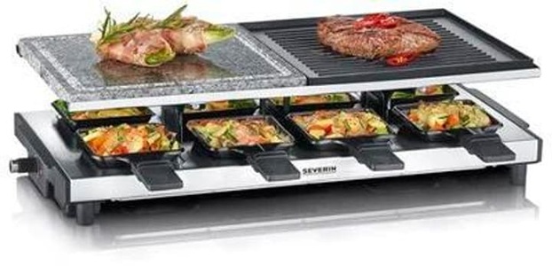 Severin, Severin 2373 Raclette 8 Pfännchen, Antihaftbeschichtung, Grillfunktion Edelstahl (gebürstet), Schwarz, Severin RG2373 Raclettegerät ? Raclette Ofen/Raclette Grill ? Edelstahl