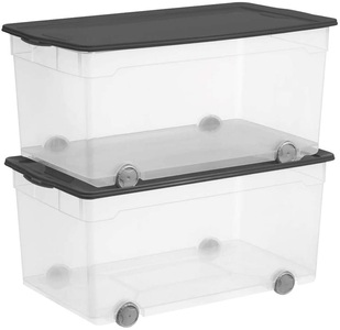 Rotho, Rotho Roller 4, 63 l mit Deckel und Rollen, 2er-Set Aufbewahrungsbox, ROTHO Aufbewahrungsbox »Clear 2 Stück, Schwarz/Transparent«