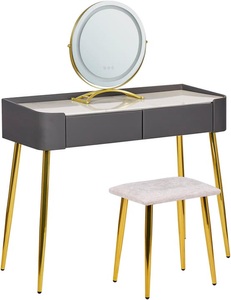 Beliani, Beliani Schminktisch mit rundem LED-Spiegel Hocker 2 Schubladen grau / gold SURIN, 