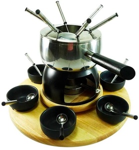 Rotel, Rotel F0502 Fondue Set Edelstahl, Rotel Fleischfondue-Set mit Holzunterteller 6 Fonduegabeln schwarz silbergrau
