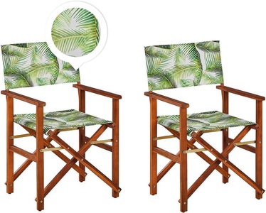 Beliani, Beliani Gartenstuhl Akazienholz dunkelbraun Textil grau / hellgrün Palmenmotiv 2er Set CINE, Beliani - Gartenstuhl 2er Set aus Polyester Modern CINE, One Size, Grün Bedruckt