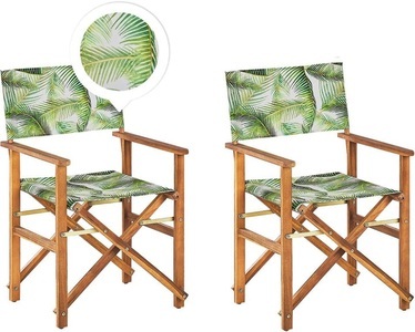 Beliani, Beliani Gartenstuhl Akazienholz hellbraun Textil cremeweiss / hellgrün Palmenmotiv 2er Set CINE, Beliani - Gartenstuhl 2er Set aus Polyester Modern CINE, One Size, Grün Bedruckt